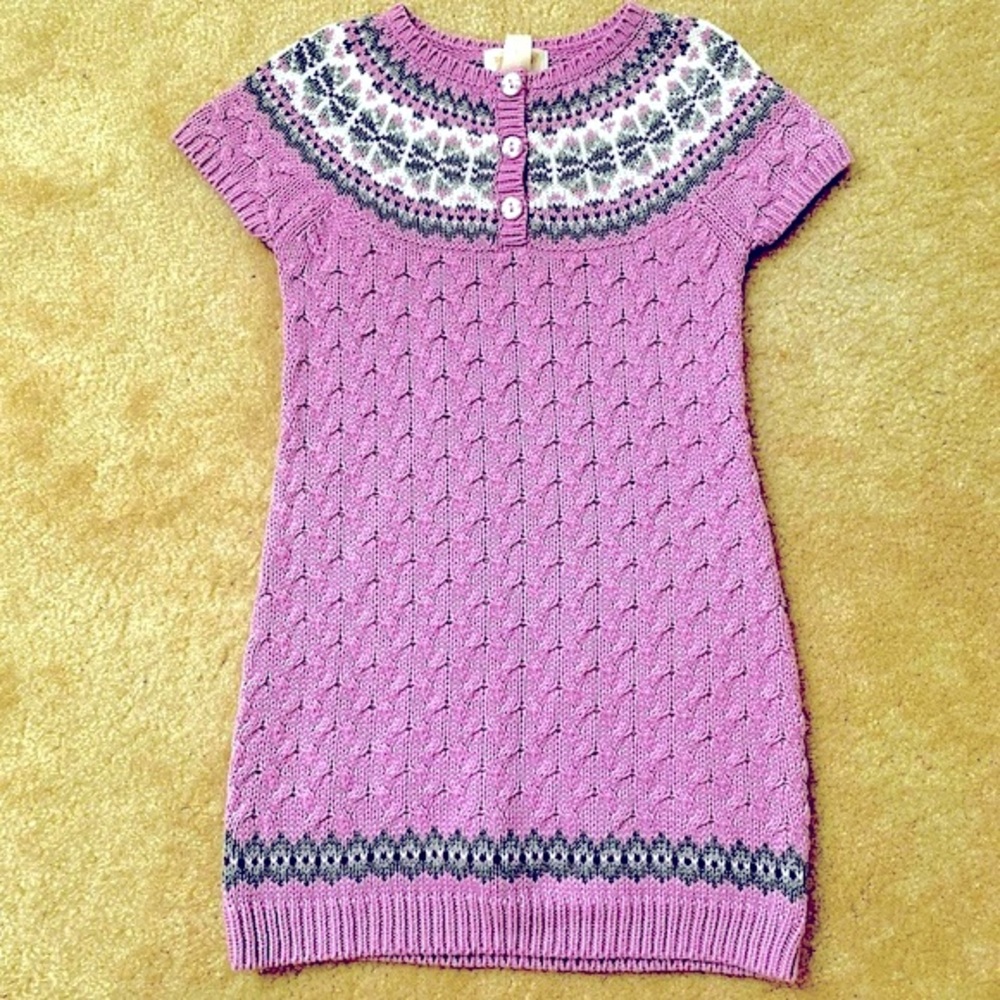 Purple Fair Isle Short Sleeves Cable Knit Sweater Dress Size M